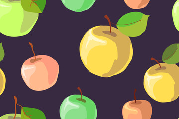 Seamless pattern with apples on a dark background. Red, yellow and green apples. Vector
