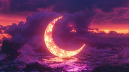 Fototapeta premium Glowing crescent moon over a purple ocean at sunset