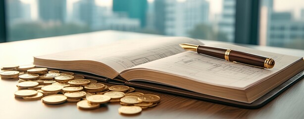 the business mindset blueprint, wealth success blueprint, high-end business coaching, high-end business strategies, financial blueprint aesthetics, Book and coins arranged on a wooden table.