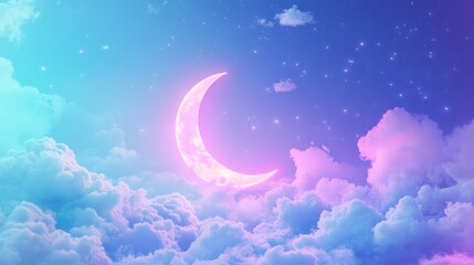Glowing Crescent Moon in a Colorful Sky Surrounded by Clouds