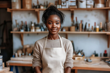 Portrait of an african american craftswoman at pottery studio on workshop and decorating earthenware while having wine. Smiling multicultural pottery craftswoman doing her hobby and having wine.