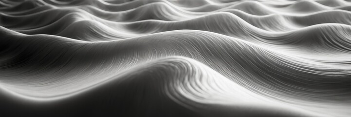 Obraz premium Abstract grey wave pattern. Monochrome smooth surface texture. Flowing lines create shape of repeating ocean swells. ultrawide banner size