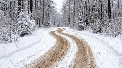 Obraz premium Snowy forest road winding through winter trees. Possible use Stock photo for winter wonderland, travel, or nature themes