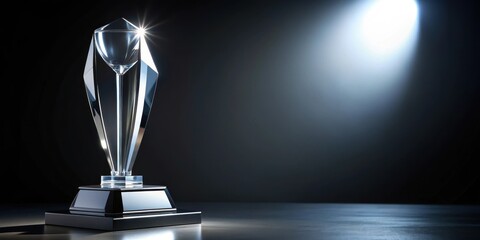 A glass trophy with a sleek and modern design sits atop a black background, reflecting light and emitting a sense of luxury and achievement , Black Background, Shine