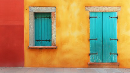 Half-destroyed building wall with wooden door and window. The facade of the house with damaged plaster needs major repairs. Photophone for retro photography. Illustration for cover or interior design.