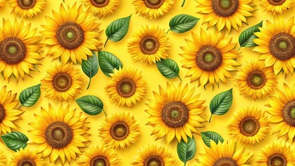Sunflower Floral Seamless Pattern on Bright Summer Background, warm weather, illustration
