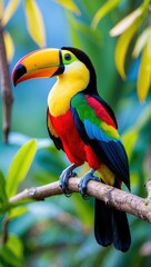 Fototapeta premium Colorful toucan bird sits on branch. Yellow, red, green, blue feathers. Bright beak. Tropical wildlife. Jungle animal perch on tree. Exotic bird.
