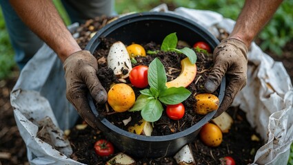 Gardener holds black compost bin full organic waste. Tomato scraps and food recycle in garden dirt with soil.