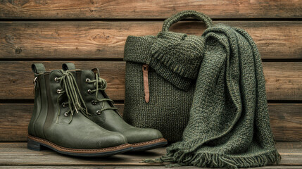 Stylish olive green accessories including handbag, scarf, and boots displayed on a wooden table with warm, soft lighting for enhanced texture