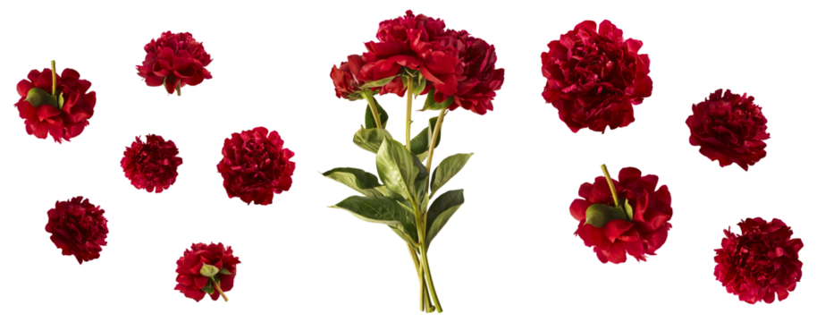 Creative set collection with Beautiful Red Peony falling in the air isolated on white background. High resolution. Zero gravity or levitation concept.