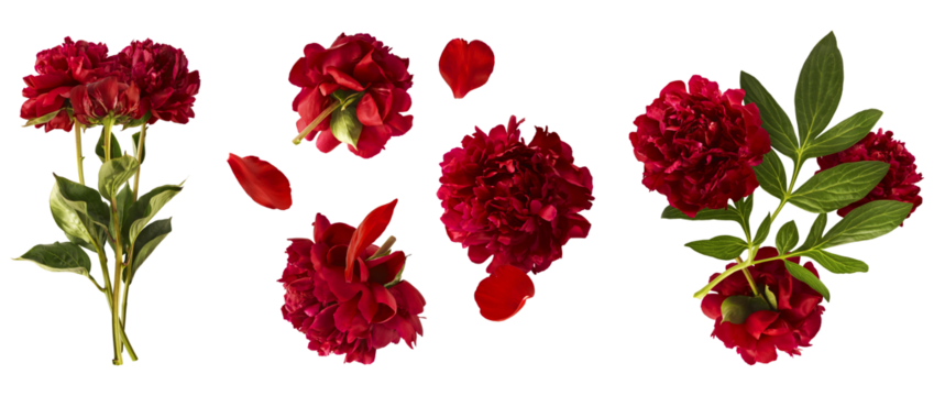 Creative set collection with Beautiful Red Peony falling in the air isolated on white background. High resolution. Zero gravity or levitation concept.