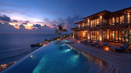 Fototapeta premium A Luxurious Oceanfront Estate Showcasing Evening Ambiance and Tranquility