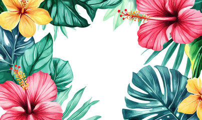 Tropical Watercolor Plants and Flowers Banner with Hibiscus and Leaves Vector