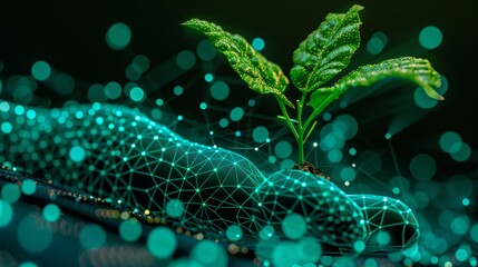 Futuristic blue network landscape showcasing digital hand nurturing green sprout for sustainability