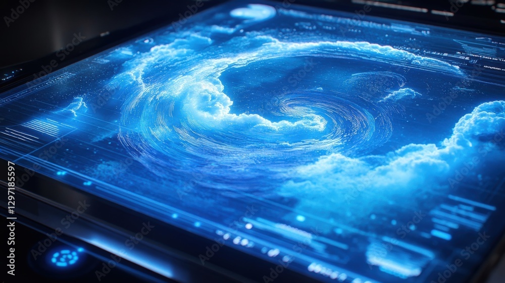 Poster futuristic control panel displaying a rotating energy vortex within a cloud computing system, symbol