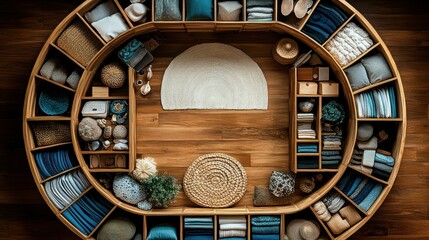 Circular Wooden Storage Unit Filled with Textiles and Accessories