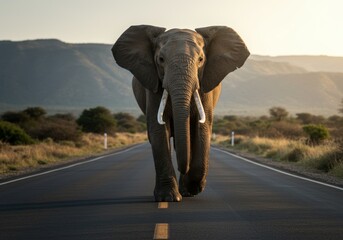 A realistic portrait photo of a runner elephant on the road, running towards the camera from a low angle, with back sunlight and a blurred mountain background.

