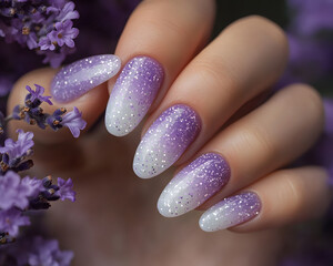 A close-up of elegantly manicured ombre nails in purple hues with glitter, surrounded by lavender flowers.