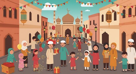 Muslim Community Celebrating Eid Al-fitr in a Festive Street Scene