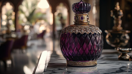 Lavish perfume bottle with intricate detailing and gold accents resting on an elegant marble surface under soft lighting