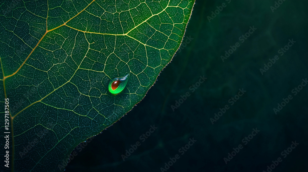 Poster close up of dewdrop on vibrant green leaf showcasing intricate vein patterns