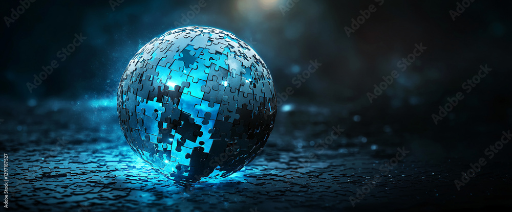 Aufkleber 3d glowing puzzle sphere on a dark surface with scattered pieces, representing the concept of global