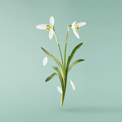 Beautiful Snowdrop flower with green leaves falling in the air isolated on turquoise background....