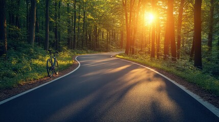 Obraz premium Forest road sunset with parked bicycle