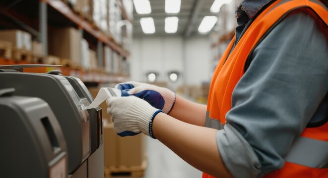 Female worker printing labels in warehouse with safety gear and gloves - Powered by Adobe