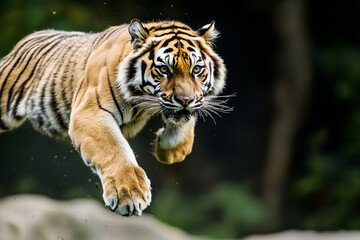 Obraz premium powerful tiger leaps through air with intense focus and grace