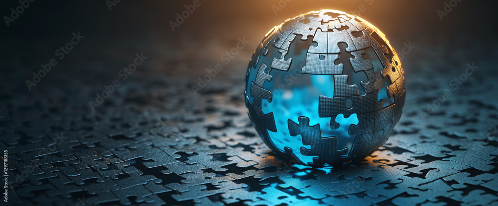 Poster puzzle globe sphere made of metallic pieces glowing in blue, symbolizing unity, connection, and digi
