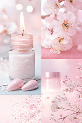 A soothing collage featuring a candle, cherry blossoms, and beauty products in soft pink tones.