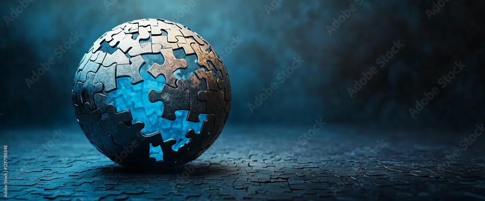 Poster metallic puzzle sphere glowing with blue light, placed on scattered puzzle pieces, symbolizing unity