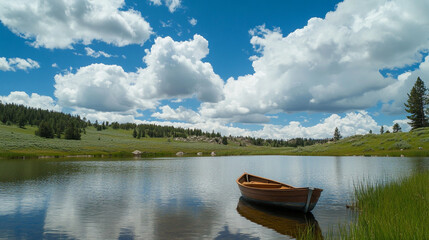 Obraz premium Beautiful shot of a small lake with a wooden rowboat floating peacefully surrounded by lush greenery and serene natural reflections.