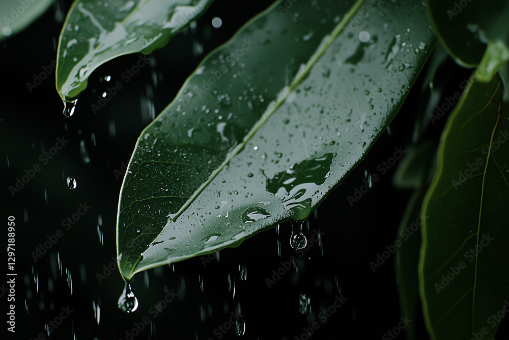 Poster raindrops gently fall from lush green leaf, creating serene and refreshing scene