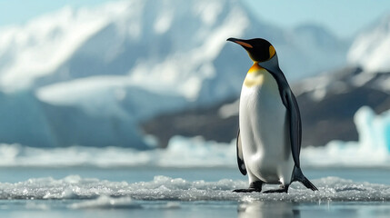 Fototapeta premium penguin stands on icy terrain with snowy mountains in background