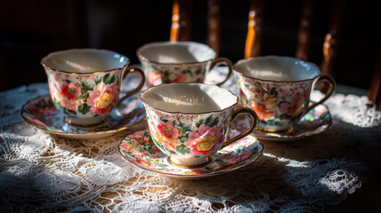 Fototapeta premium Hand-painted porcelain teacups arranged on lace tablecloth reflecting delicate artistry with vibrant floral designs in soft light