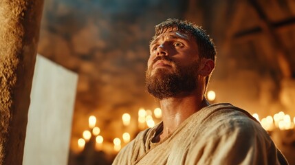 The gaze of a hopeful warrior reflects determination and strength as he contemplates in a dimly lit stone room filled with flickering candlelight, embodying resilience and courage.