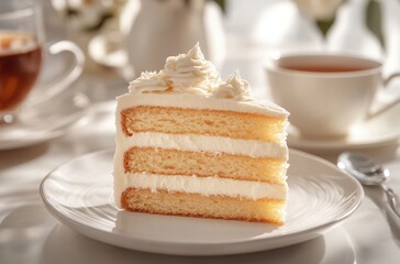 Irresistible slice of creamy sponge cake on a white plate with a cup of tea in a cozy and elegant setting, perfect for dessert lovers and food photography