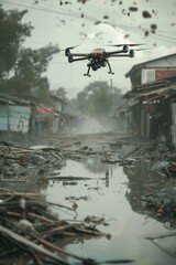 Drone Delivering Medicine to Flooded Area Amid Debris for Emergency Response Efforts