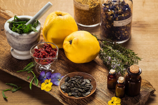 Still life of herbs and fruits used in alternative medicines.