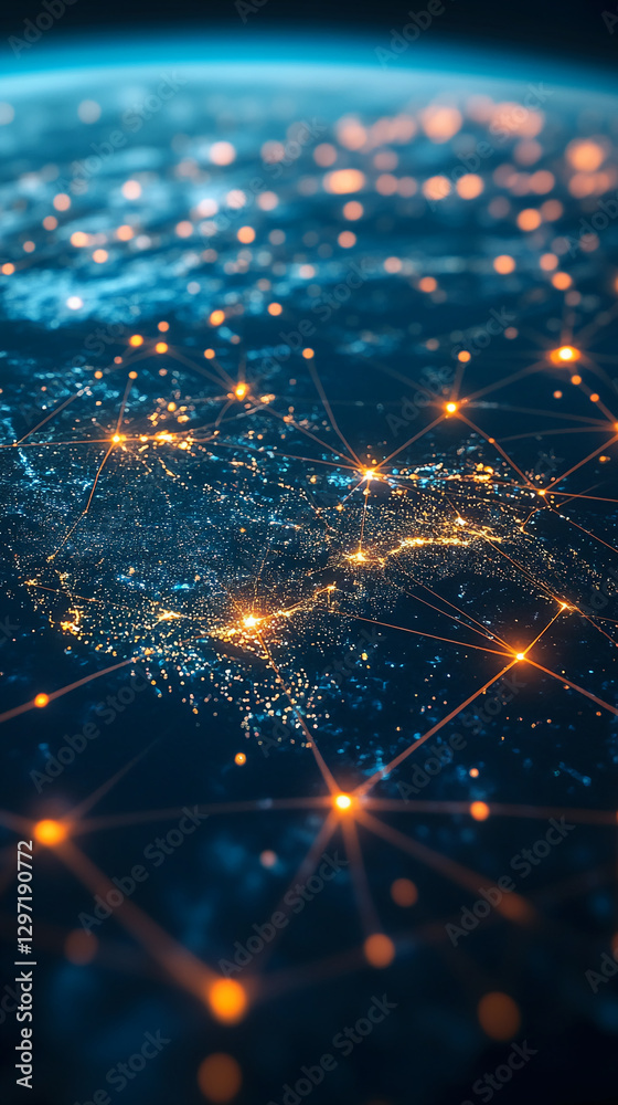 Poster a satellite view of the world showing glowing lights and connections across the continents, symboliz