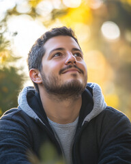 Smiling man looking up outdoors in warm autumn sunlight