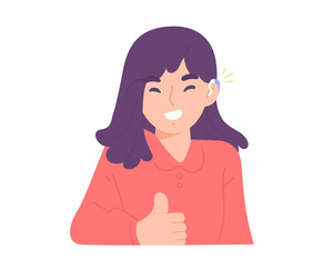 Young woman is wearing BTE Hearing aid and smiling isolated on white background. Hearing loss patient use hearing aid deviece to help improve hearing and speech comprehension. Medical technology.