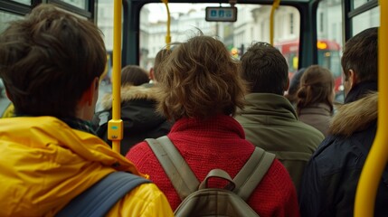 Obraz premium Crowded bus interior during rush hour with people standing close and yellow grips for support