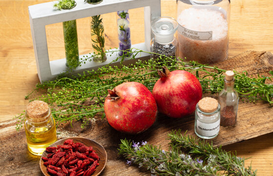 Still life of herbs and fruits used in alternative medicines.