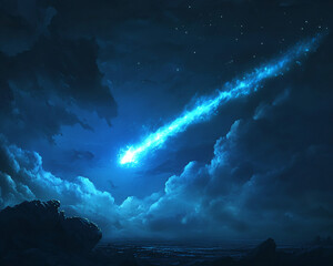 Fototapeta premium A vibrant comet shooting across a dark sky, leaving a glowing blue trail amidst clouds and stars, symbolizing cosmic beauty and the vastness of space.