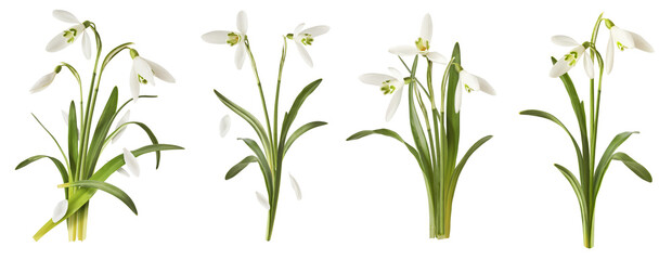 Obraz premium Creative set, collection with many Beautiful Snowdrop flowers with green leaves falling in the air isolated on white background. Spring time levitation or zero gravity conception.
