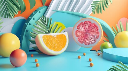 Orange and grapefruit slices are displayed in a vibrant 3d scene featuring tropical leaves, geometric shapes, and spheres, creating a refreshing summery backdrop