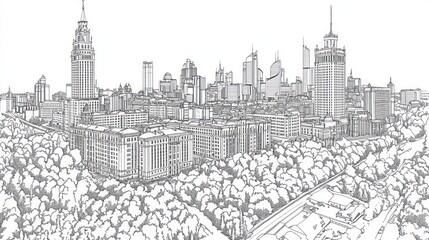 Fototapeta premium Urban sketch cityscape, modern architecture, parkland, city view, high angle, architectural design, detailed illustration, black and white